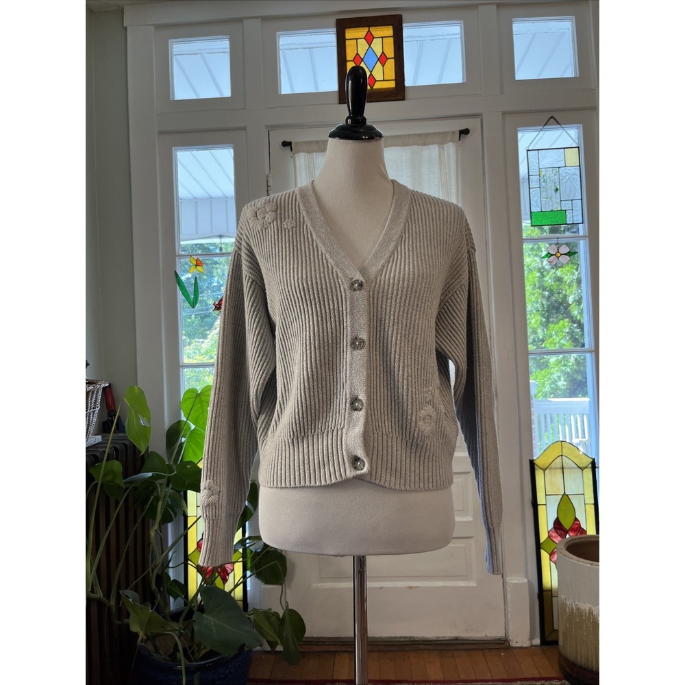 Marine Layer S Gray Button Sweater Cardigan Cotton Wool Blend Embroidered Floral